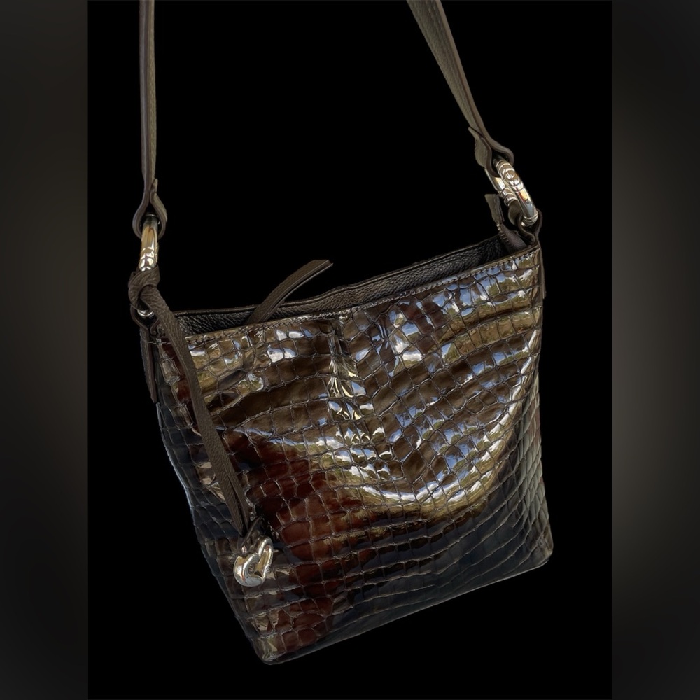 BRIGHTON Croc Embossed Brown Patent Leather Hobo Shoulder Bag - Picture 8 of 10